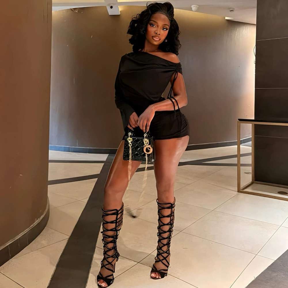 ZARA Sports Bodycon Short Jumpsuit One Shoulder Long Sleeve Asymmetric
